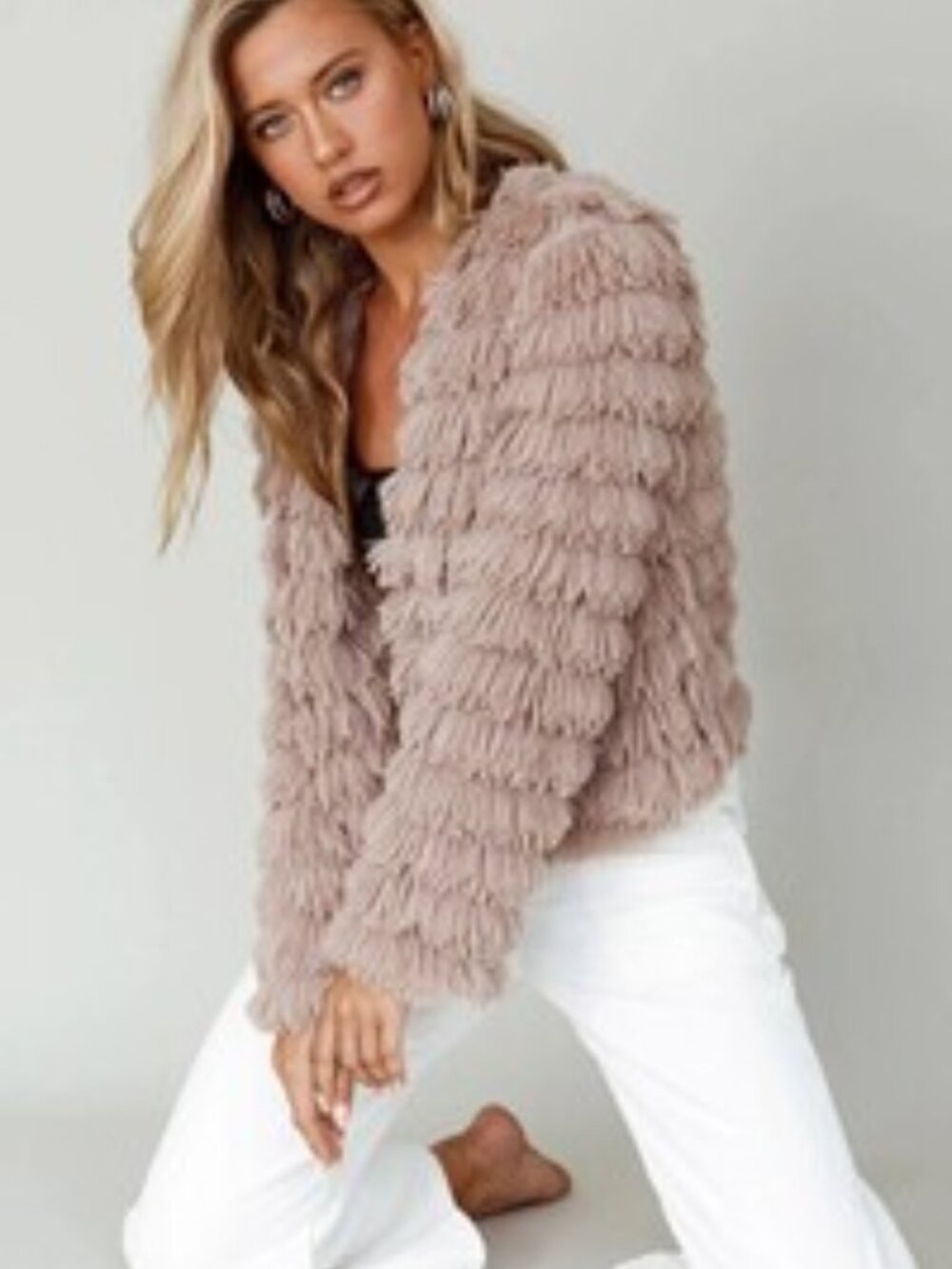 SHE + SKY Faux Fur Shaggy Gray Silver Mob Wife Jacket Size Medium